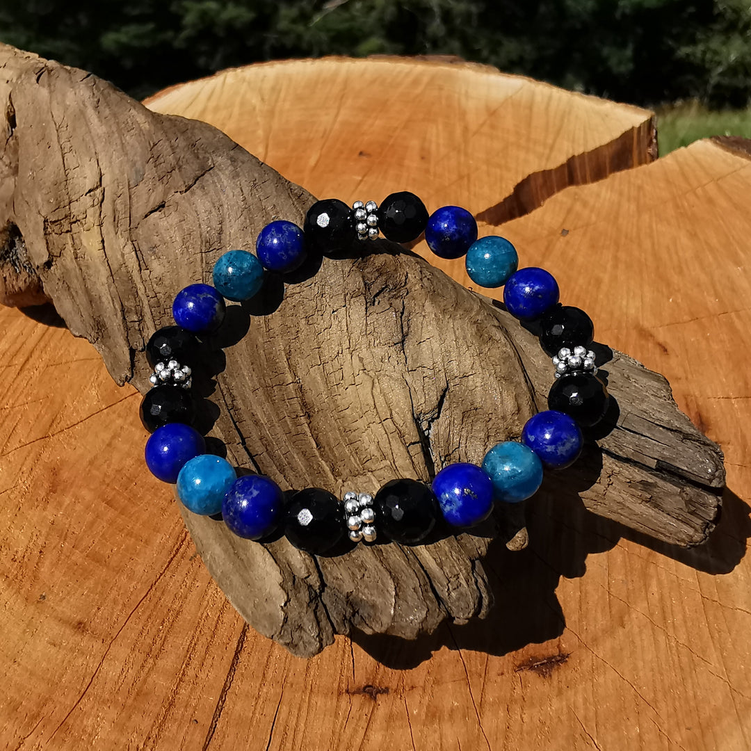 Edelstein Armband KRAFT, WAHRHEIT & SCHUTZ Lapislazuli Apatit Schwarzer Turmalin S925 8mm