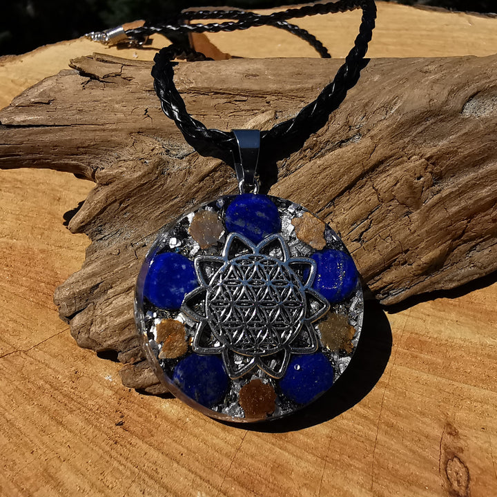 Orgone Anhänger gross WAHRHEIT mit LAPISLAZULI Lebensblume silber