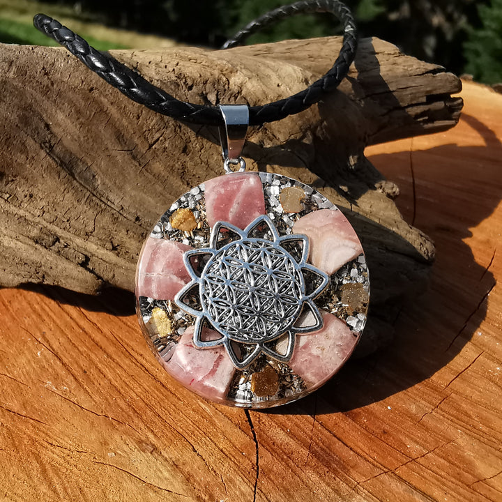 Orgone Anhänger gross LIEBE mit RHODOCHROSIT Lebensblume silber