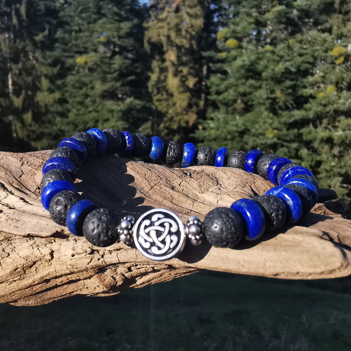 Heilstein Armband WAHRHEIT & TATENDRANG Lapislazuli Lava keltischer Knoten S925 8mm