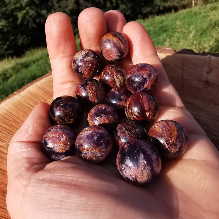 Super Seven (Melody Stone) Amethyst Rauchquarz Bergkristall Goethit Kakoxen Rutil Lepidokrokit Kugeln ca. 2cm