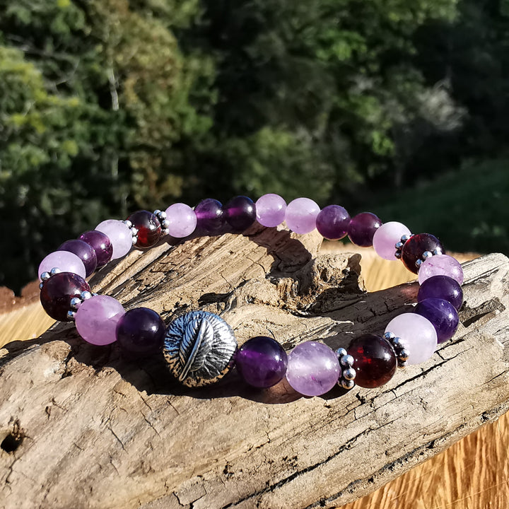 Heilstein Armband PRANA mit Amethyst Granat Feder S925 6mm