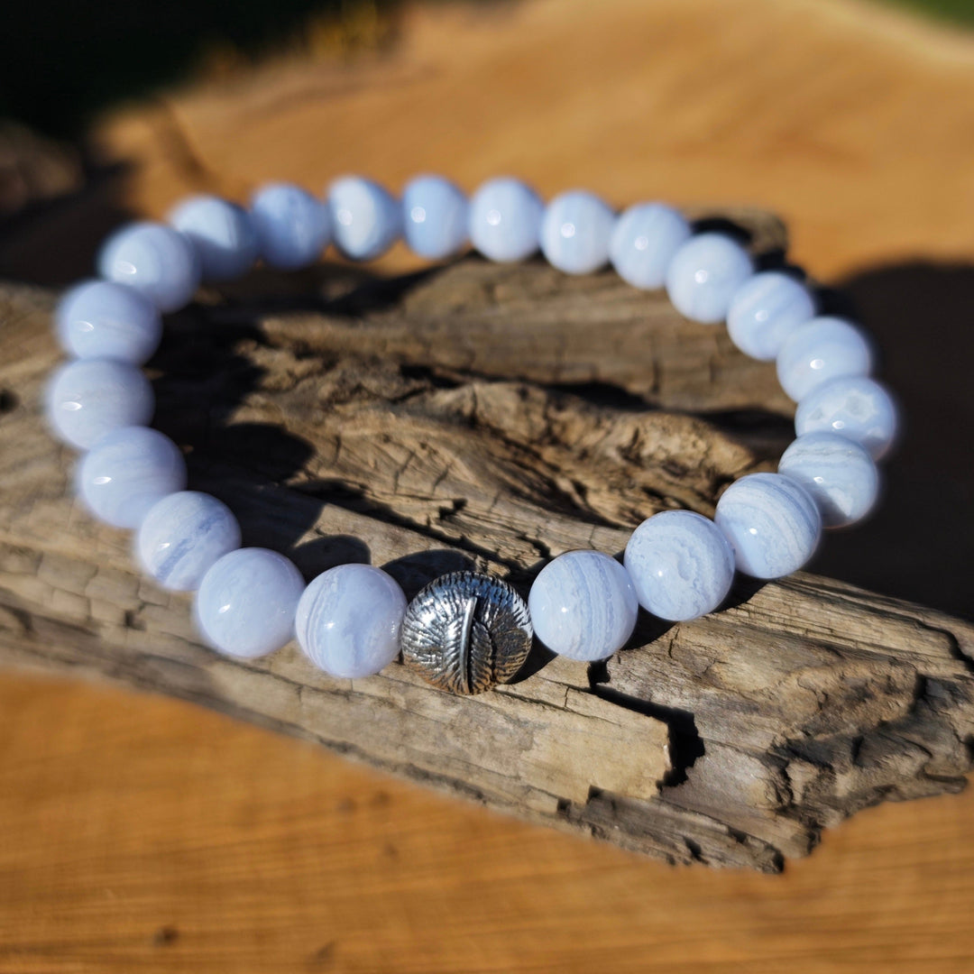 Edelstein Armband LEICHTIGKEIT Chalcedon blau Feder S925 8mm