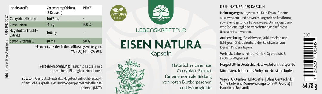 Eisen Natura Kapseln Curryblatt Hagebutte - 120 Kapseln 2 Monate