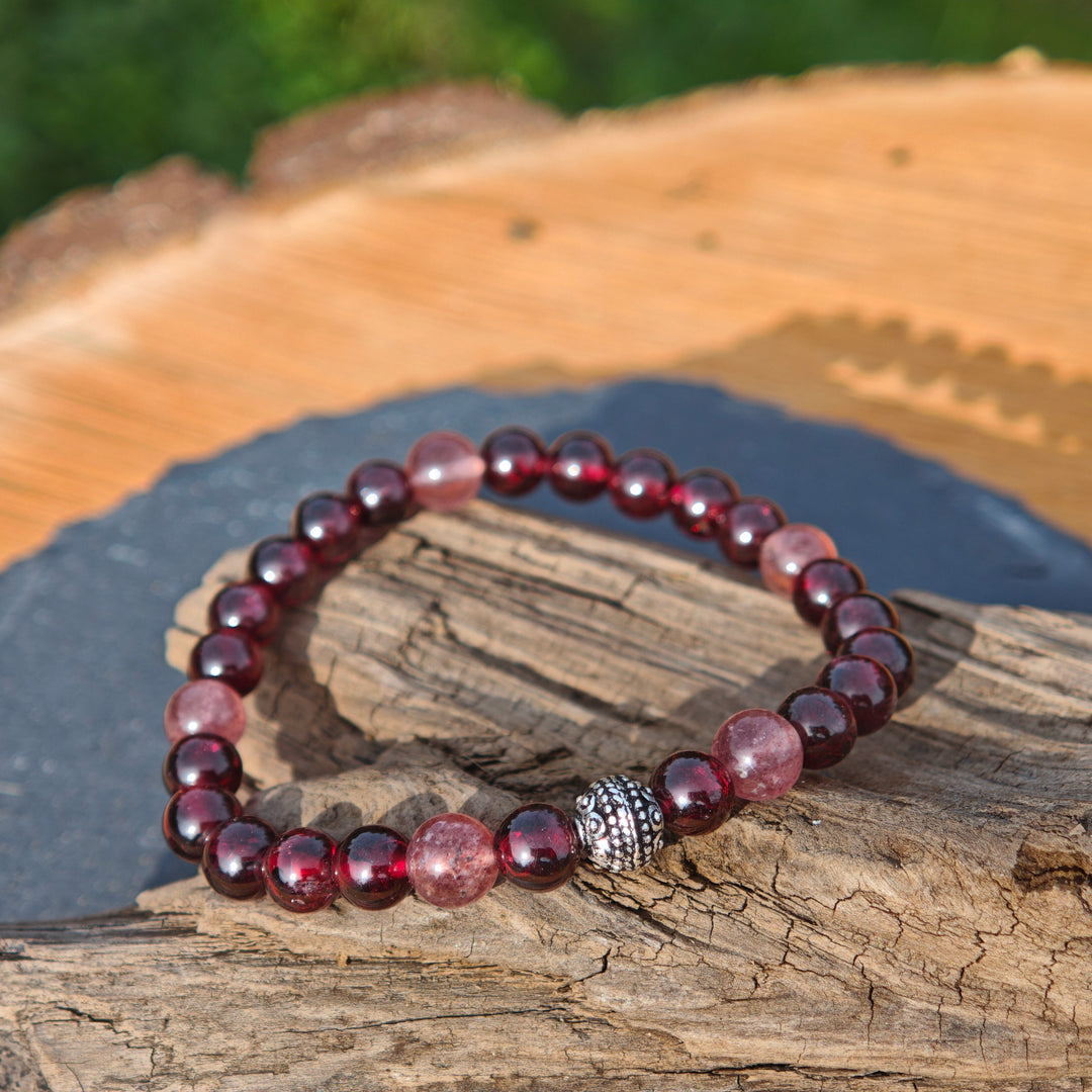 Edelstein Armband WIDERSTANDS-& LICHTKRAFT Granat Erdbeerquarz S925 Kugel 6mm