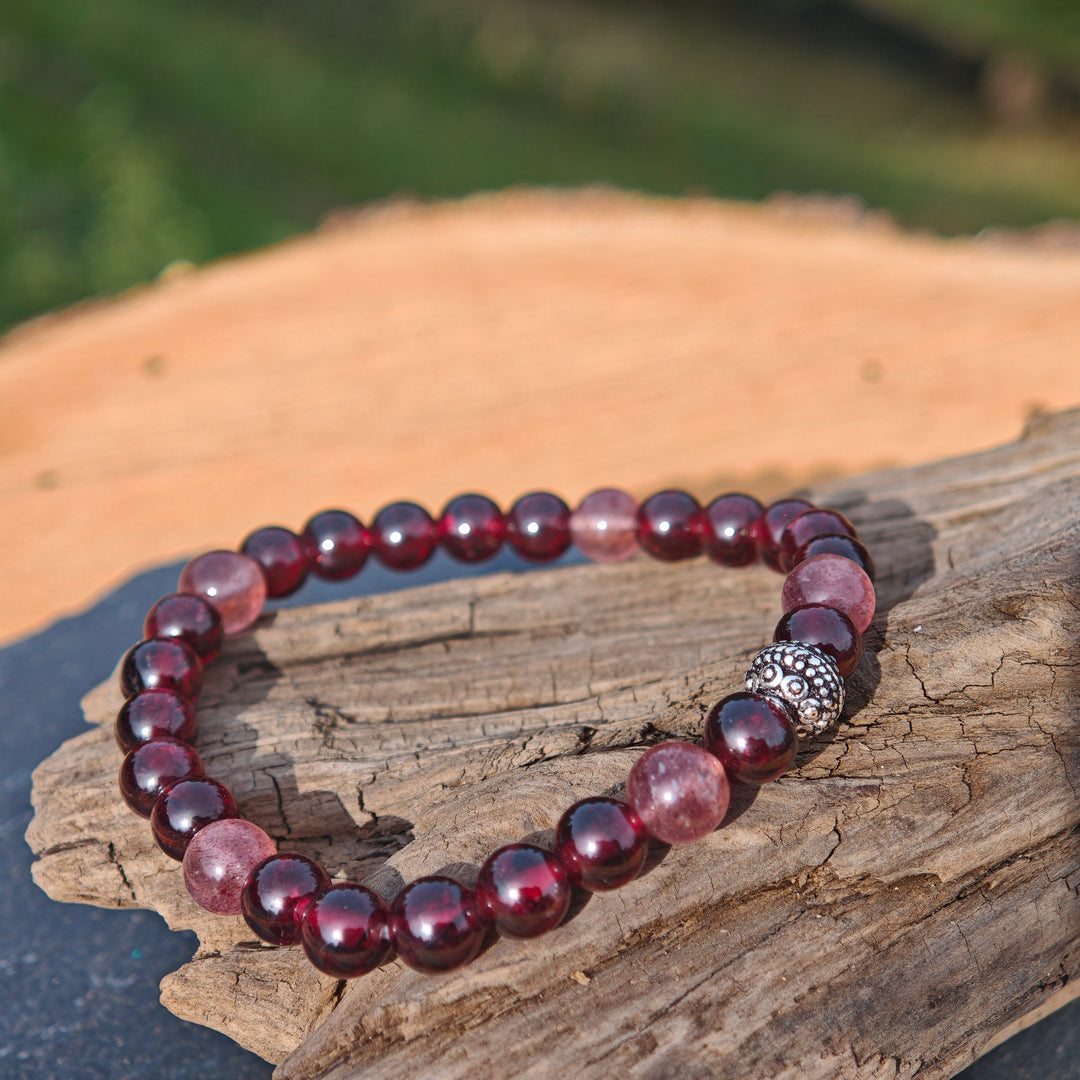 Edelstein Armband WIDERSTANDS-& LICHTKRAFT Granat Erdbeerquarz S925 Kugel 6mm