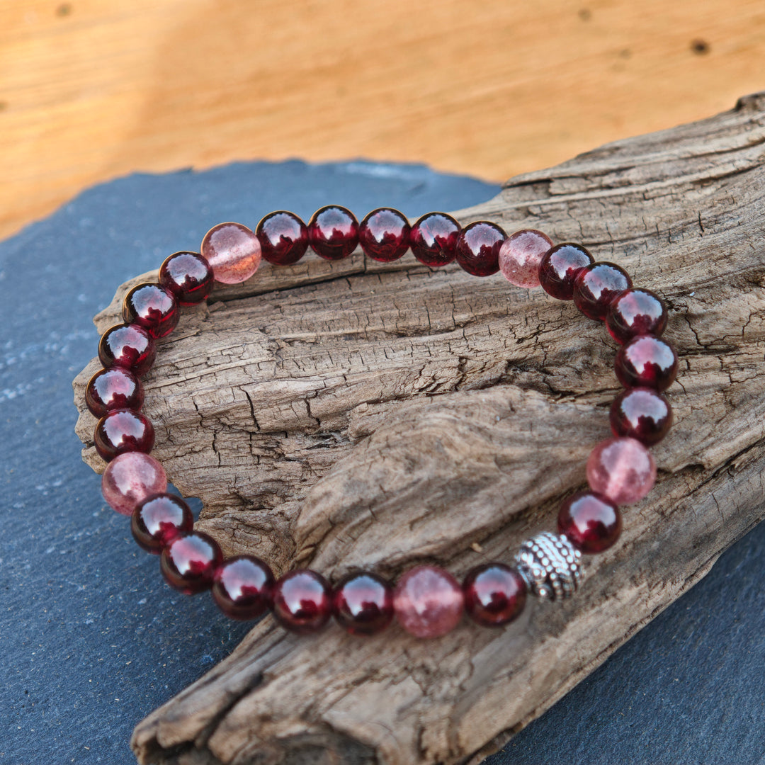 Edelstein Armband WIDERSTANDS-& LICHTKRAFT Granat Erdbeerquarz S925 Kugel 6mm
