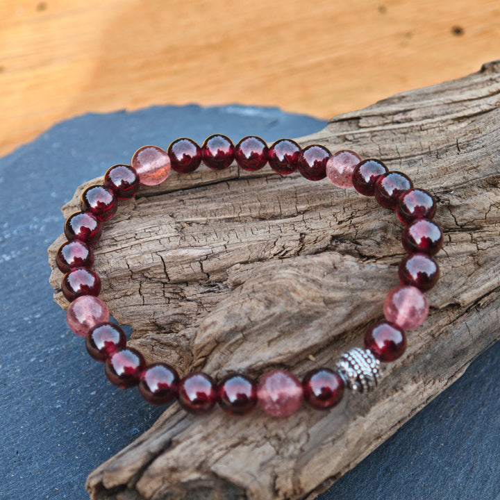 Edelstein Armband WIDERSTANDS-& LICHTKRAFT Granat Erdbeerquarz S925 Kugel 6mm