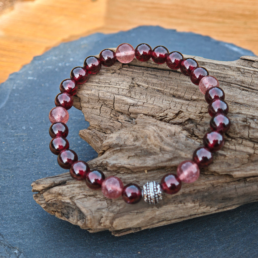 Edelstein Armband WIDERSTANDS-& LICHTKRAFT Granat Erdbeerquarz S925 Kugel 6mm