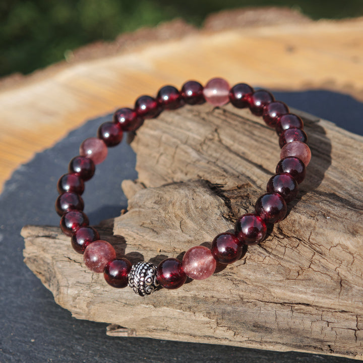 Edelstein Armband WIDERSTANDS-& LICHTKRAFT Granat Erdbeerquarz S925 Kugel 6mm