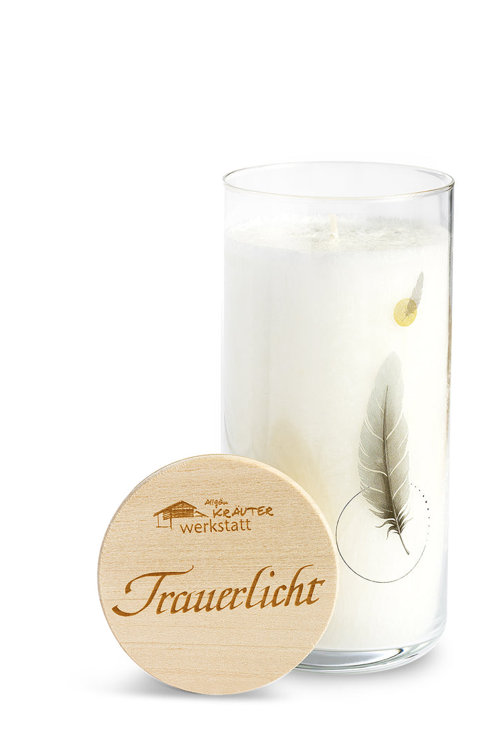 TRAUERLICHT MIT KARTE - FEDER - Die Erinnerung bleibt - Allgäuer Heilkräuter Kerze