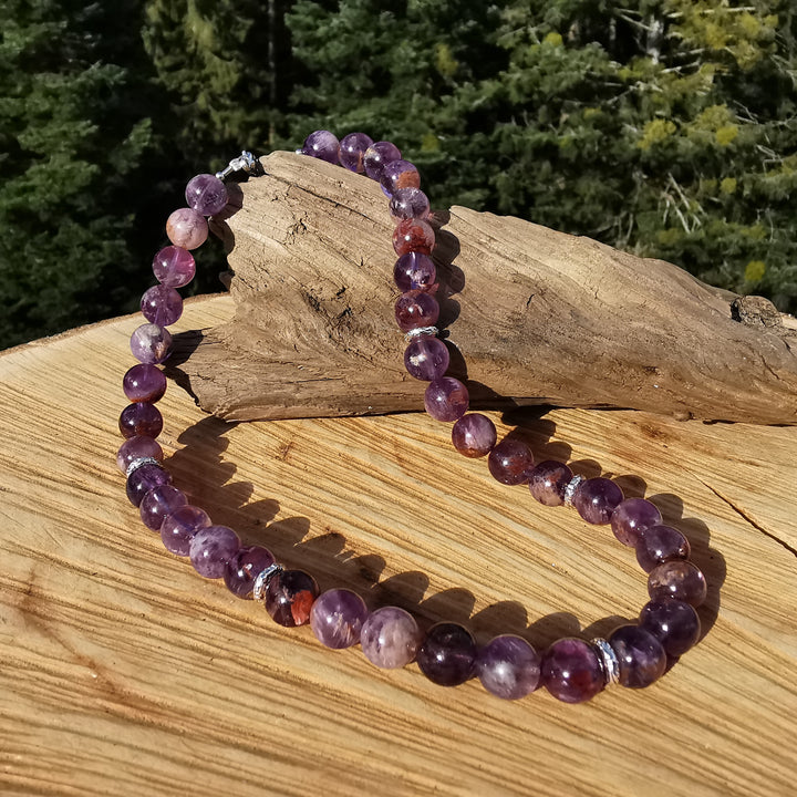 Heilsteinkette AUFSTIEG mit SUPER SEVEN Amethyst in Extraqualität 10mm Kugeln S925