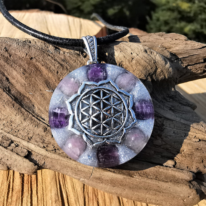 Orgone Anhänger WANDLUNG mit Lepidolith & Amethyst Lebensblume S925