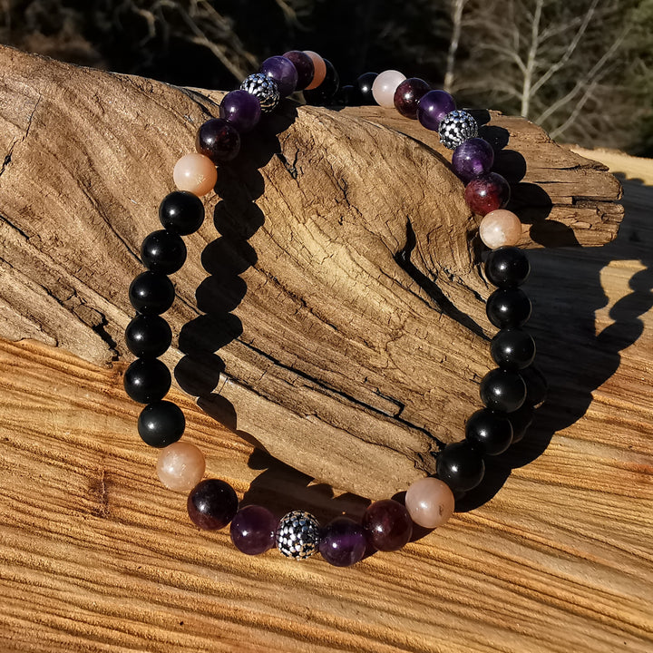 Heilsteinkette ZUFRIEDENHEIT mit Regenbogenobsidian Sonnenstein Granat & Amethyst 6mm Kugeln S925