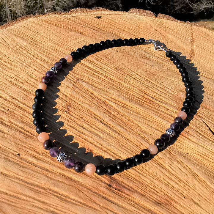 Heilsteinkette ZUFRIEDENHEIT mit Regenbogenobsidian Sonnenstein Granat & Amethyst 6mm Kugeln S925