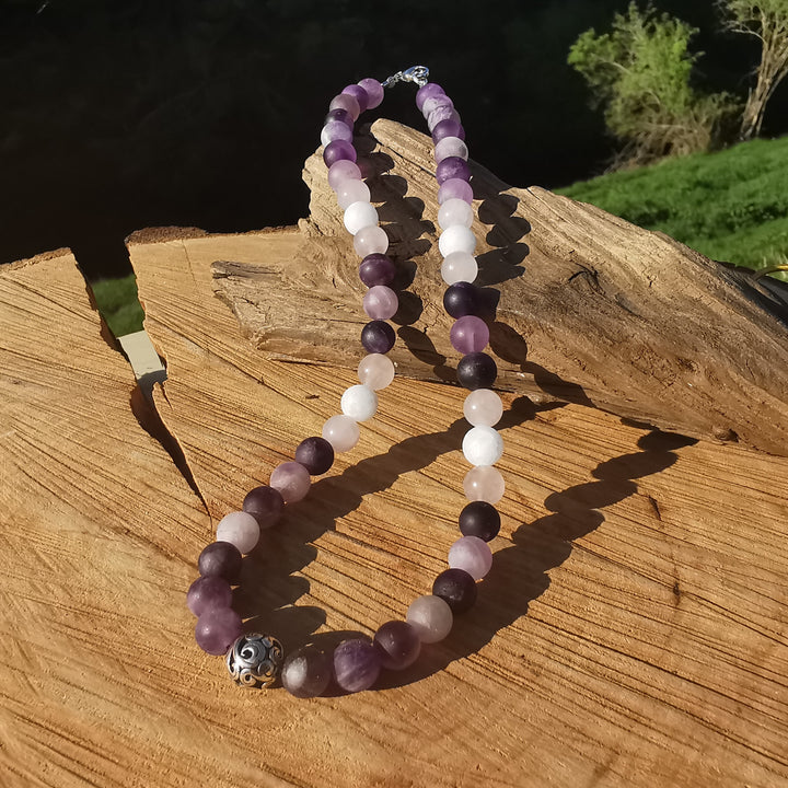 Heilsteinkette INNERER FRIEDEN Amethyst Baryt Rosenquarz 8mm Kugeln S925