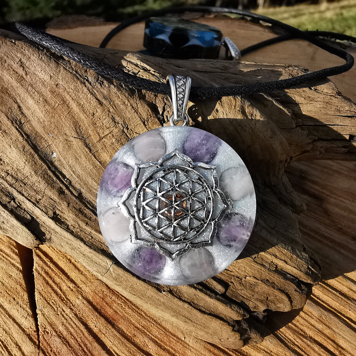 Orgone Anhänger HARMONISIERUNG mit Rosenquarz & Amethyst Lebensblume S925