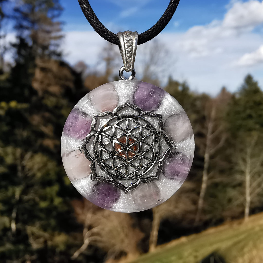 Orgone Anhänger HARMONISIERUNG mit Rosenquarz & Amethyst Lebensblume S925