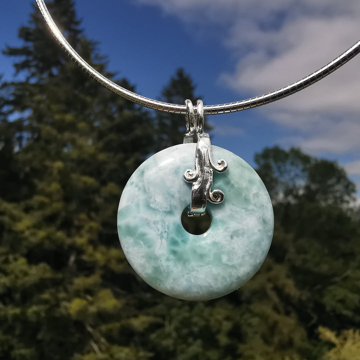 LARIMAR Donut 30mm Unikat in EXTRAQUALITÄT an Silber 925 Wasserfall Clip